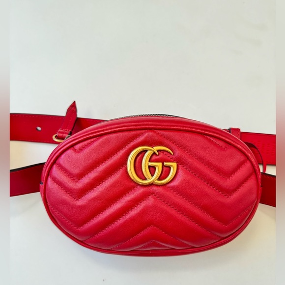 Gucci Marmont Red Leather GG Logo Belt Bag Pouch Pre-Owned - Picture 1 of 13